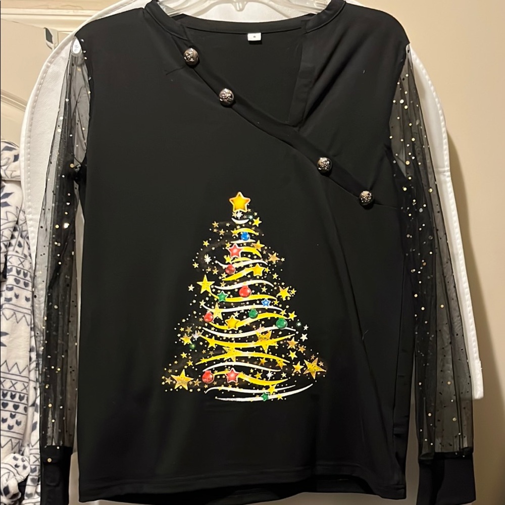 Festive Black Long Sleeve Tee with Sheer Sleeves